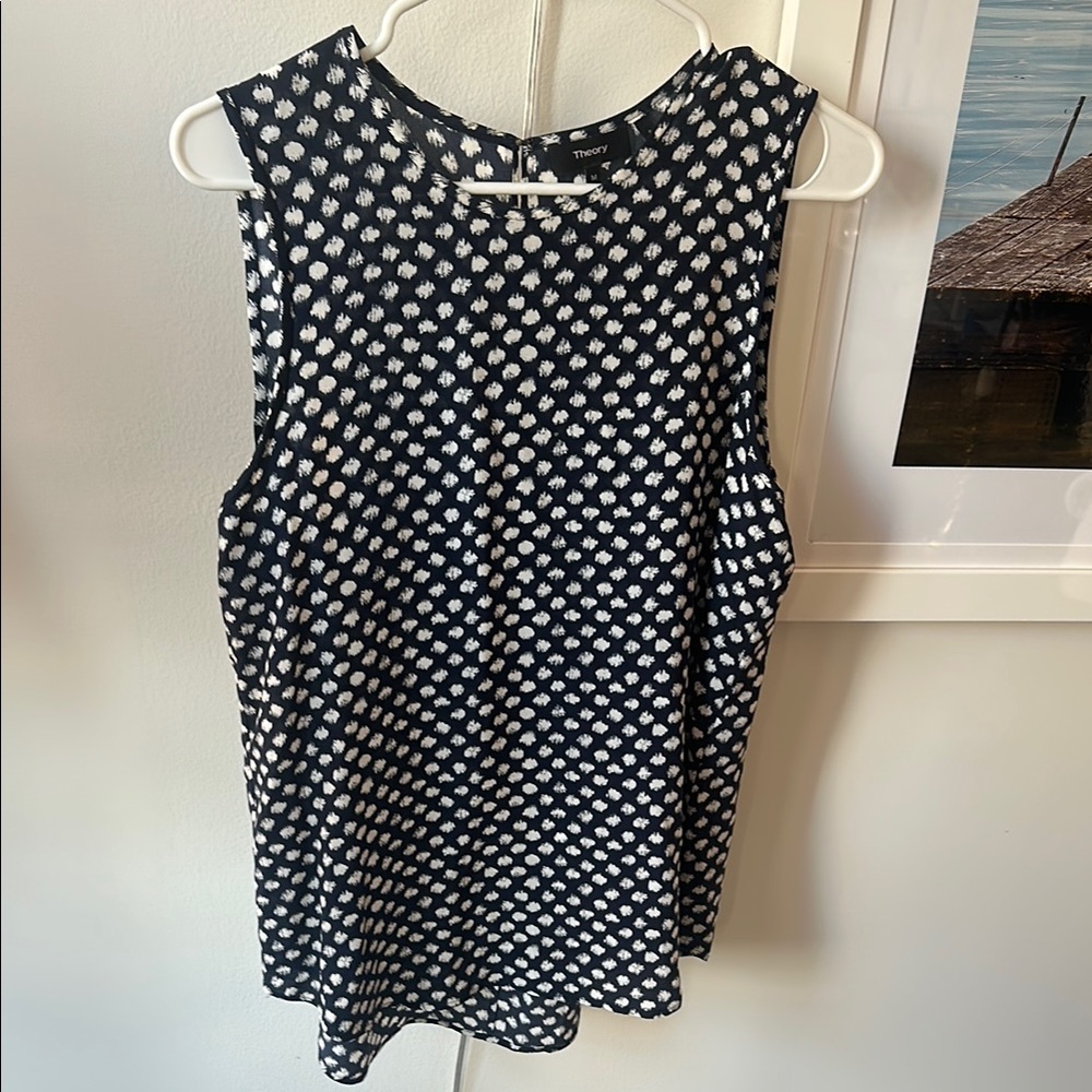 Theory Navy and White Silk Sleeveless Top